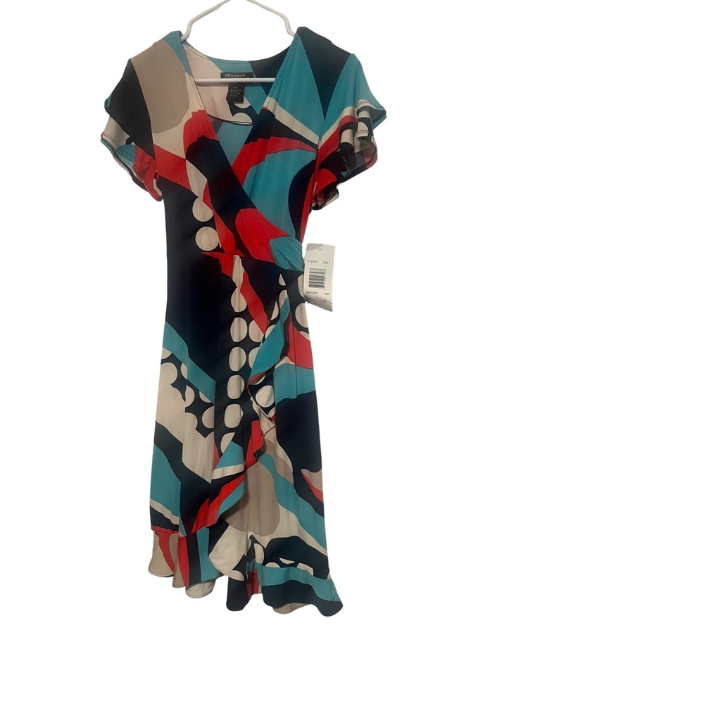 Signature by Robbie Bee Petite Large Faux Wrap Dress Abstract Geometric Ruffle